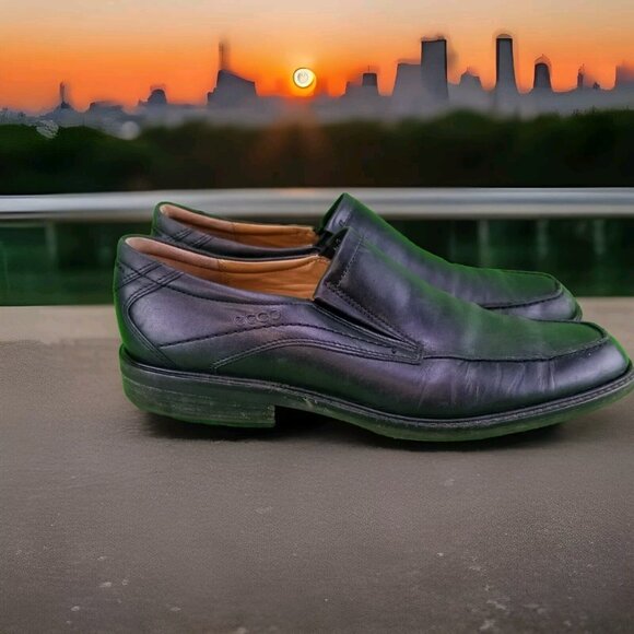 ✅Mens 44 Extra Wide ECCO Black Leather Slip on Apron Toe Dress Shoes Loafers main image 13